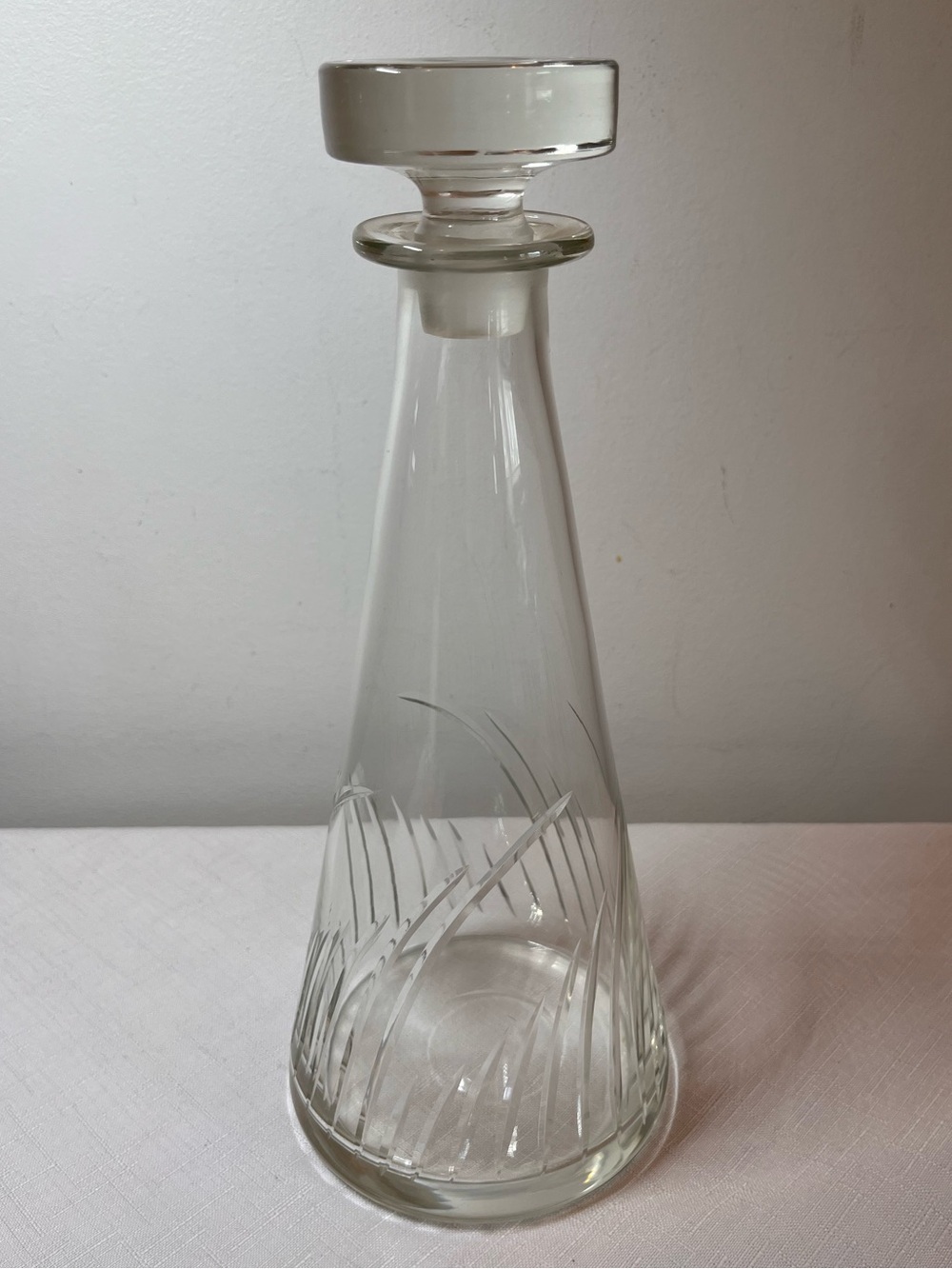 Clear Etched Glass Decanter with Stopper - Elegant Cut Grass Motif